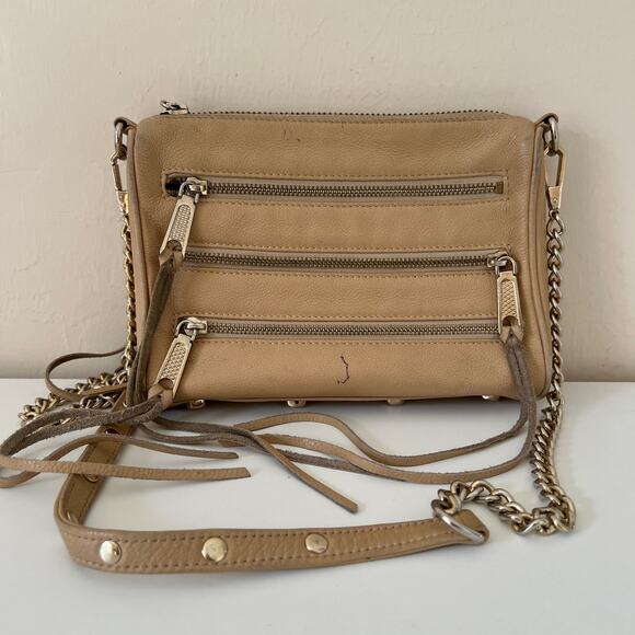Rebecca Minkoff Tan / Beige Mini 5 Zip Rocker Crossbody Leather Handbag - Picture 4 of 12